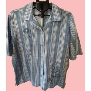 Vintage BonWorth Embroidered Flowers & Beads Blue Button Up Blouse Women's L